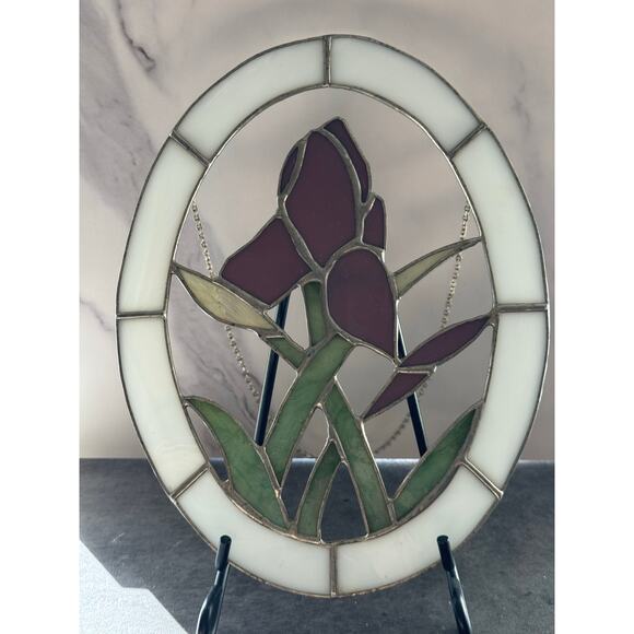 Vintage Leaded Stained Glass Oval Window Pane Iris Suncatcher - Picture 1 of 6